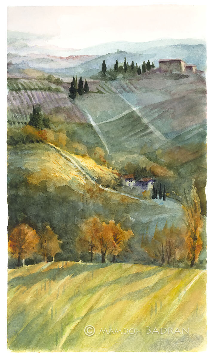 Campagna San Gimignano verticale: acquerello di Mamdoh Badran