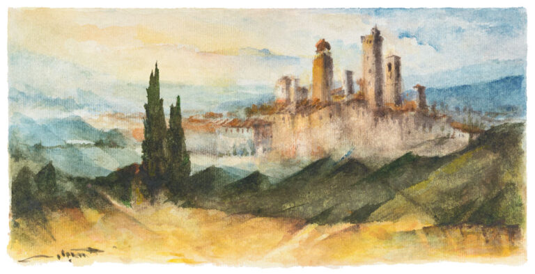 Paesaggio con San Gimignano #2: acquerello dintorni San Gimignano di Mamdoh Badran