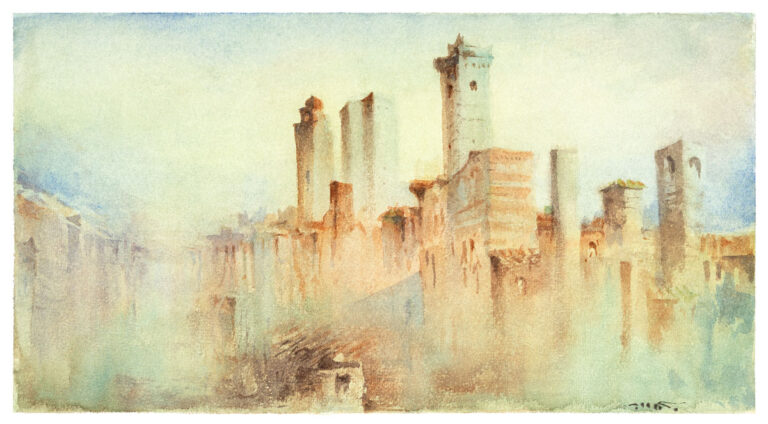 Panorama San Gimignano #2: dipinto acquerello torri di Mamdoh Badran