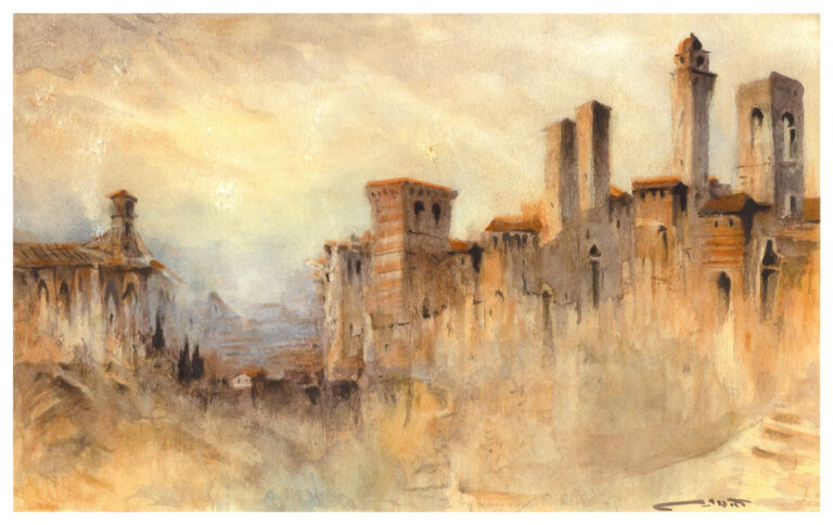 Panorama San Gimignano con Sant'Agostino: dipinto ad acquerello di Mamdoh Badran