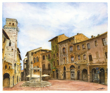Piazza Cisterna San Gimignano: acquerello centro storico di Mamdoh Badran