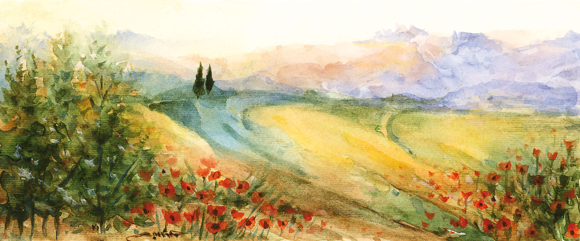 Acquerello Paesaggio Toscano Papaveri
