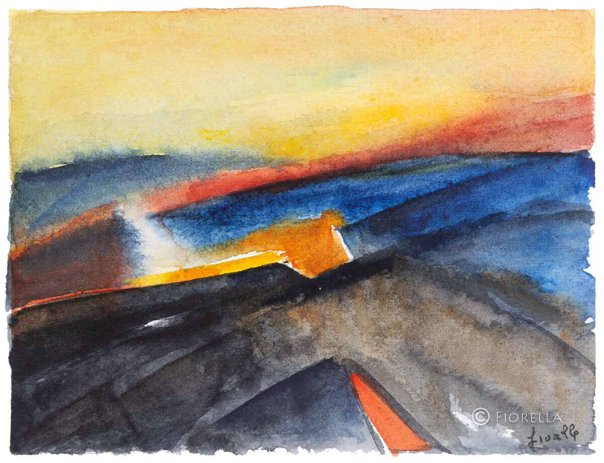 Dipinto ad acquerello astratto con suggestioni di un tramonto toscano, toni giallo, arancio e blu.