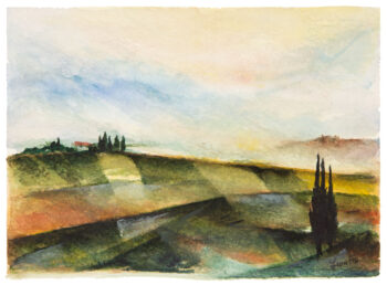 Interpretazione astratta e geometrica delle colline toscane verdeggianti.
