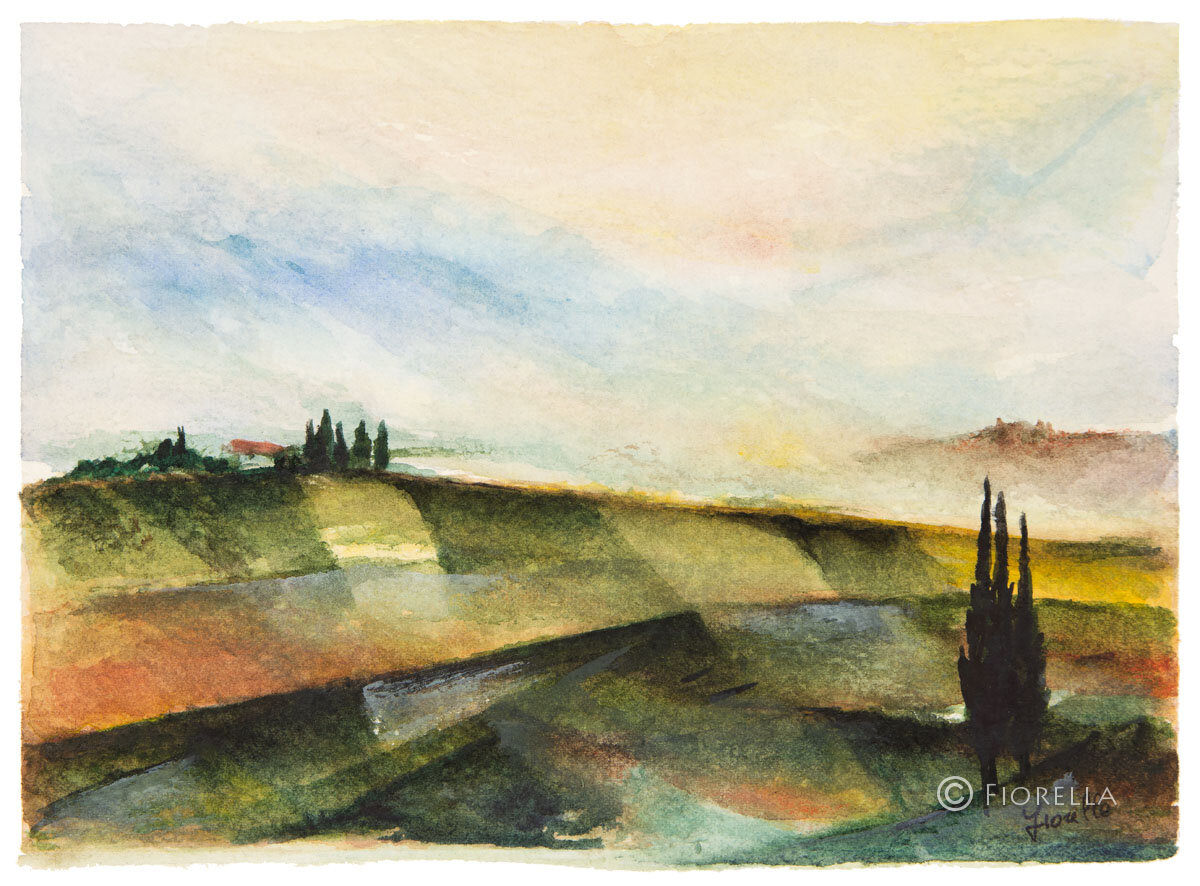 Interpretazione astratta e geometrica delle colline toscane verdeggianti.