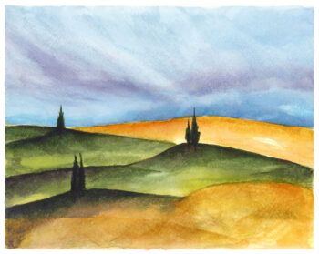 Paesaggio classico toscano ad acquerello con morbide colline verdi e bionde e cipressi slanciati.