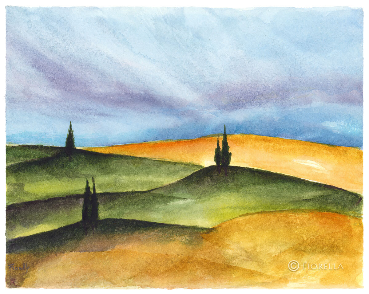 Paesaggio classico toscano ad acquerello con morbide colline verdi e bionde e cipressi slanciati.