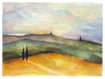 Paesaggio toscano essenziale e minimalista ad acquerello con colori pastello sfumati.