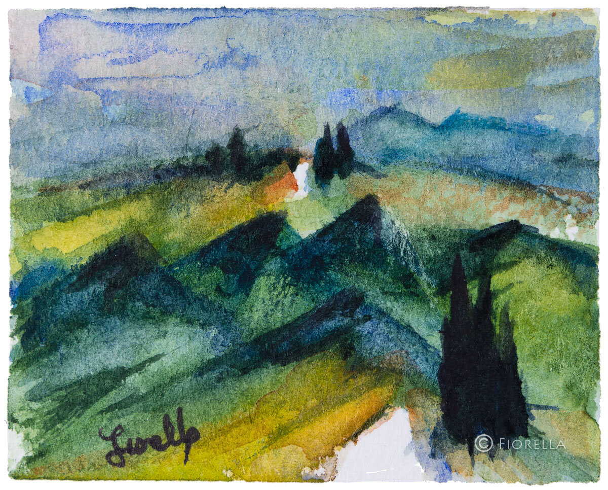 Veduta materica delle colline toscane con verdi intensi, pendenze scultoree e pennellate decise.