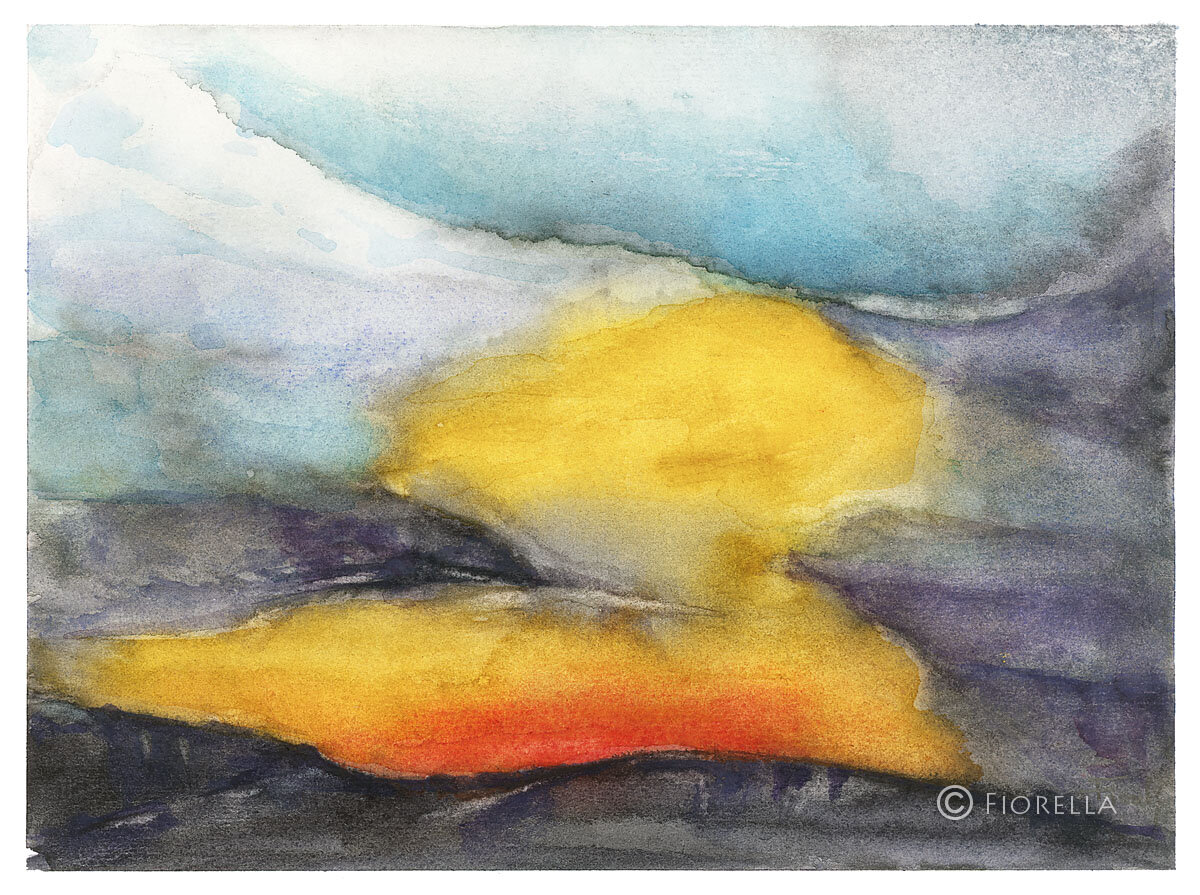Pittura fortemente astratta che rappresenta un tramonto con macchie giallo saturo, arancio e blu violaceo.