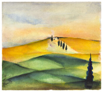 Classica strada tortuosa costeggiata da cipressi sulle colline della Val d'Orcia in un tramonto dorato.