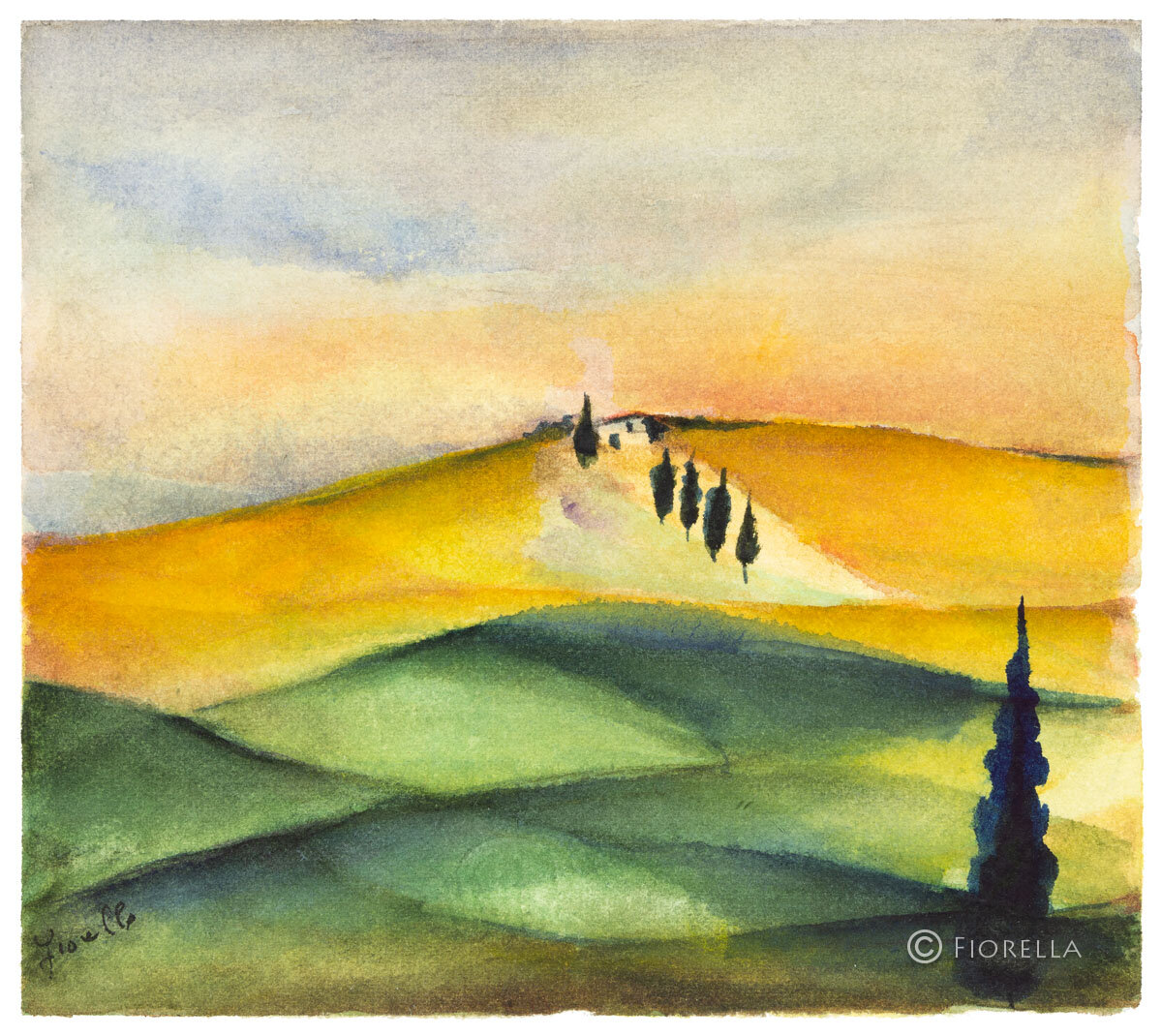 Classica strada tortuosa costeggiata da cipressi sulle colline della Val d'Orcia in un tramonto dorato.
