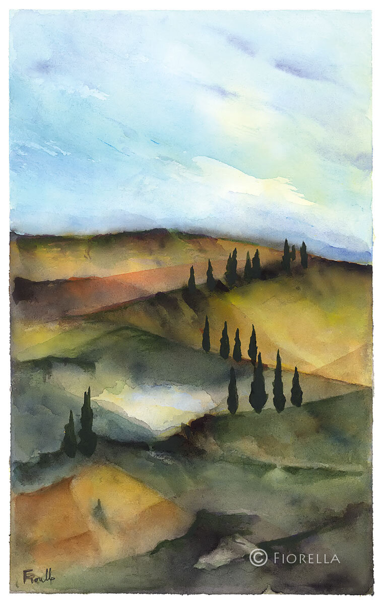 Paesaggio verticale di morbide colline a terrazze stratificate, nebbia mattutina bianca e cipressi neri.